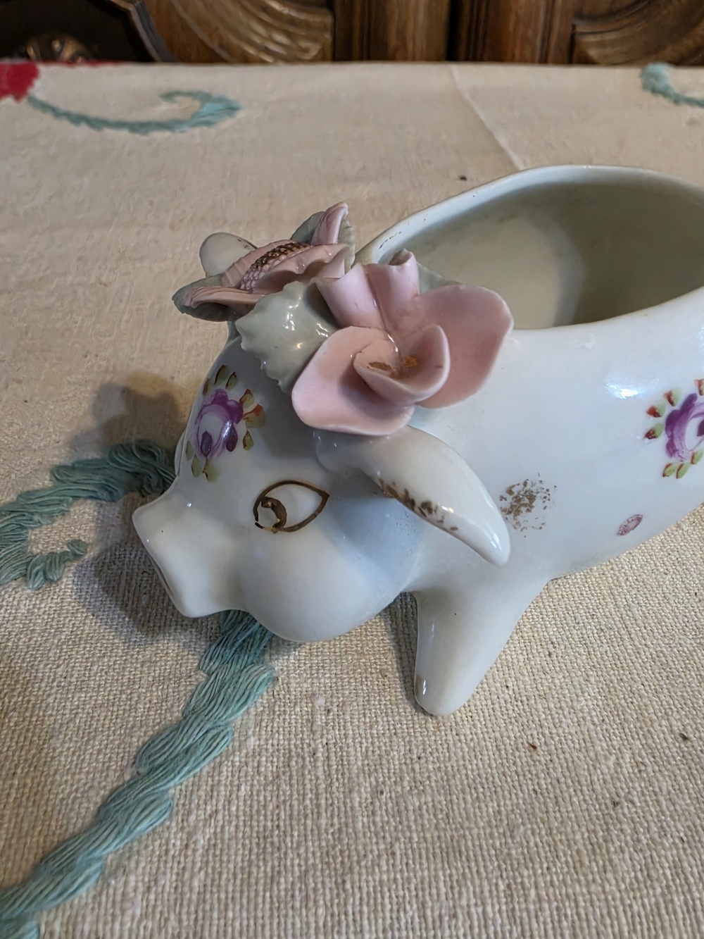 Porcelain Floral Pig Planter - Gold, Pink, and White